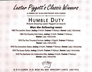 2000 GDS Cards Lester Piggott's Classic Winners #14 Humble Duty Back
